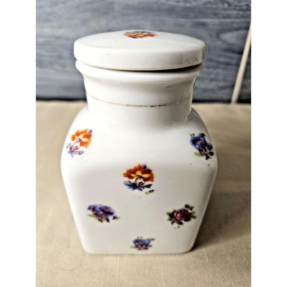 Vintage Vanity 8 Oz Porcelain Jar Colorful Floral on White w/ Lid (read)